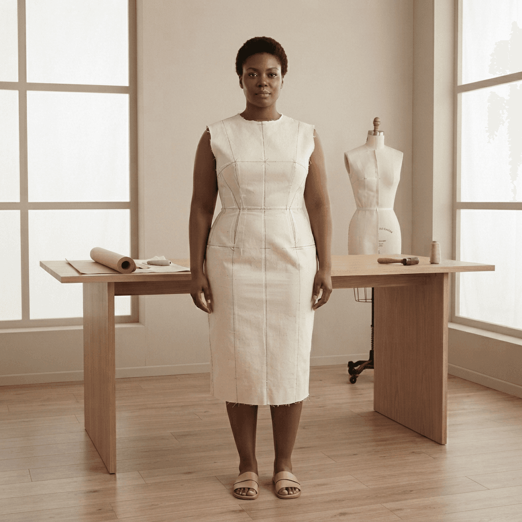 A maker wearing a calico toile marked with drafted seam lines, beside a dress form in the studio