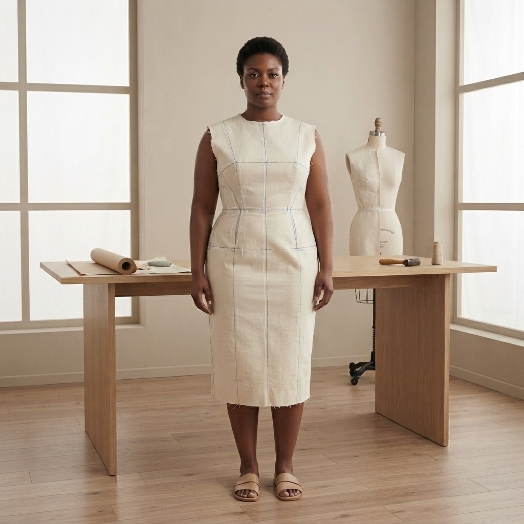 A maker wearing a calico toile marked with drafted seam lines, beside a dress form in the studio